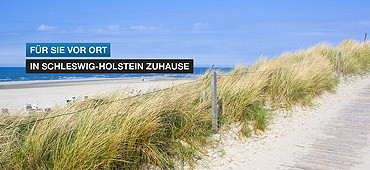 vom Deich mit Deichgras Blick auf den Strand an der Ostsee